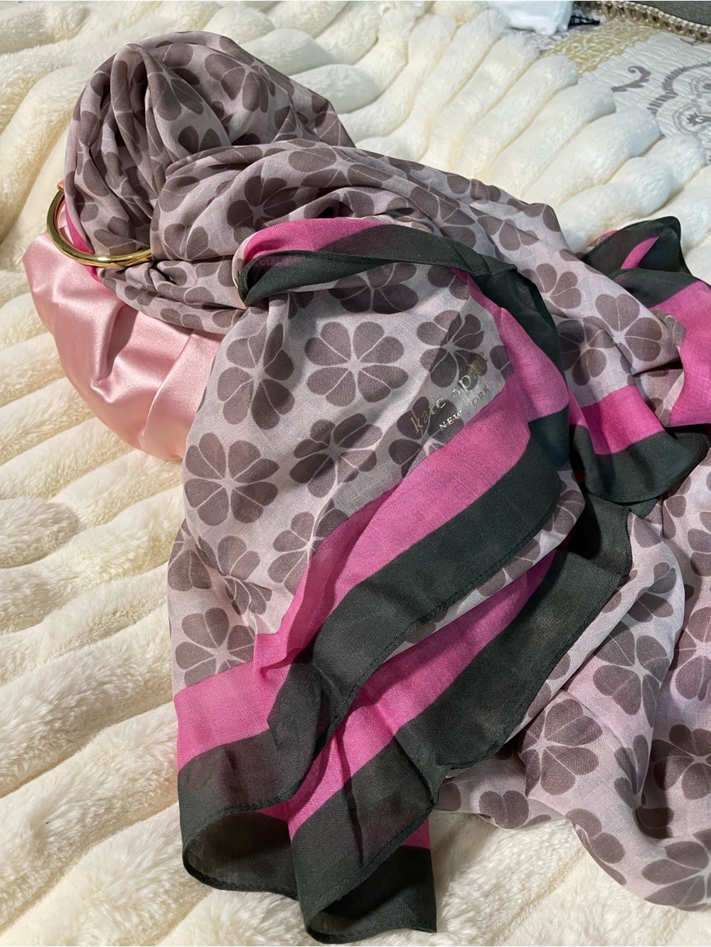 NWOT Kate Spade Pink, Gray and Black Floral Logo Scarf - Picture 6 of 6